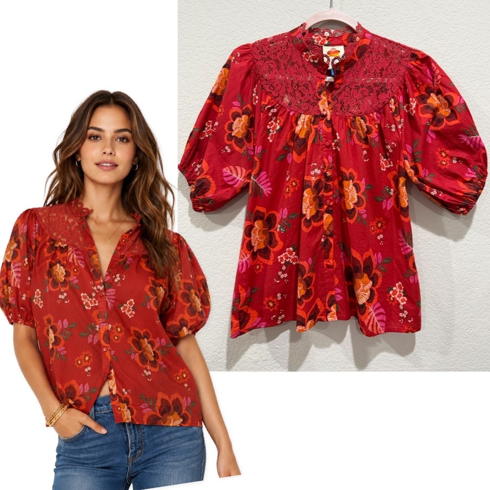 Farm Rio Floral Lace Blouse Red XS Puff Sleeve Button up Boho Lightweight Cotton